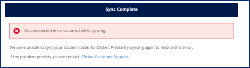 Intergration error on iclicker grade sync dashboard.
