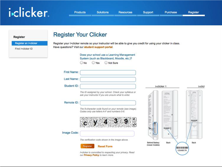 a screenshot of the iClicker registration form