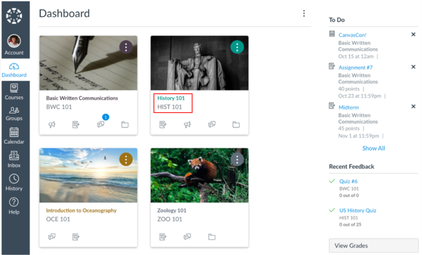 The Canvas Home Page displaying the dashboard with an enrolled courses. highlighted