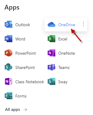 a screenshot of the O365 Dashboard with the OneDrive app highlighted