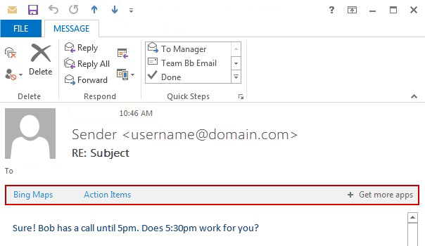 a screenshot of an outlook mail item with Bing Maps and Action Items add-ins highlighted