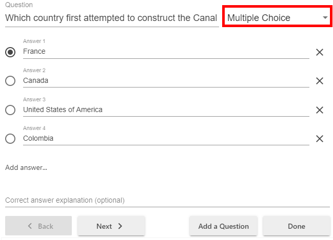 Multiple choice quiz form. On it, the drop down menu to change the quiz question type is highlighted  by a red box.