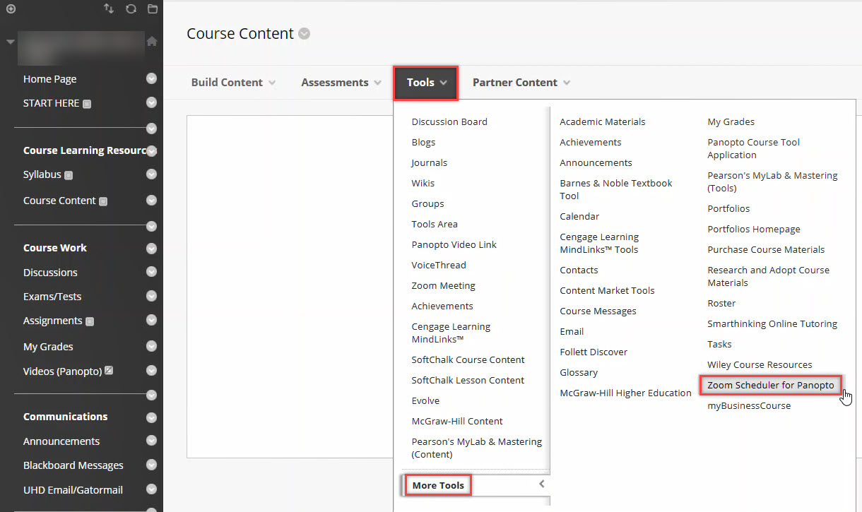 Course content page for Blackboard. Tools menu displaying Blackboard tool items . 