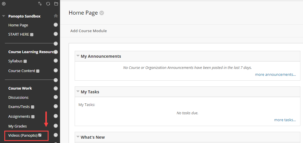Image of the course menu on the left side of a Blackboard course