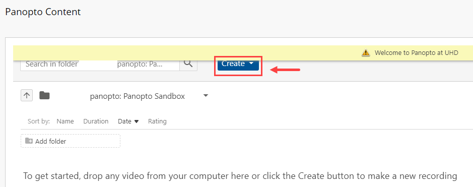 Highlighting the Create button in the Panopto content page.