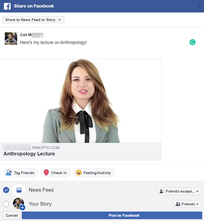 Sharing a Panopto Video, Facebook page