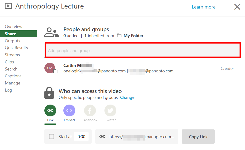 Share menu, Panopto video. Under "People and groups," the text box to enter a person or group is highlighted by a red box.
