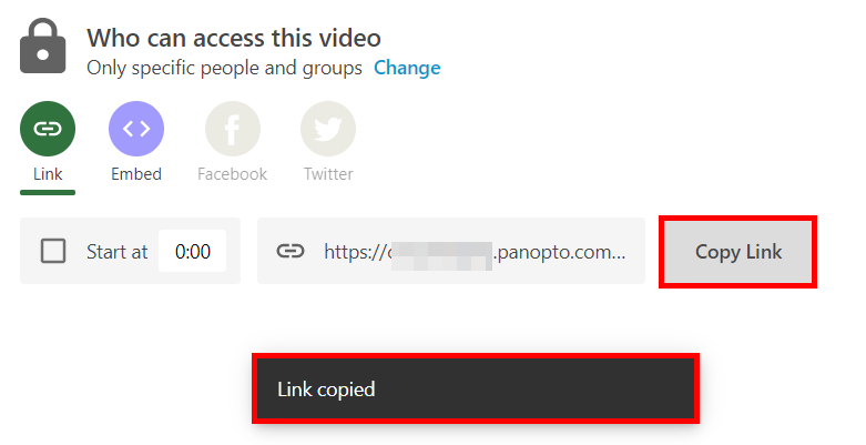 "Who has access" menu on the Panopto Share menu. Underneath it, the "Copy Link" button is highlighted by a red box and the messa