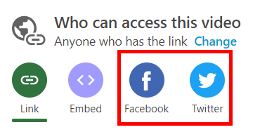 "Who has access" menu on the Panopto Share menu. It is set to "Anyone who has the link." The options for Facebook and Twitter ap