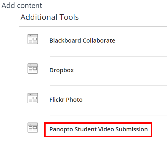 Add content window listing the Panopto Student Video Submission tool link.