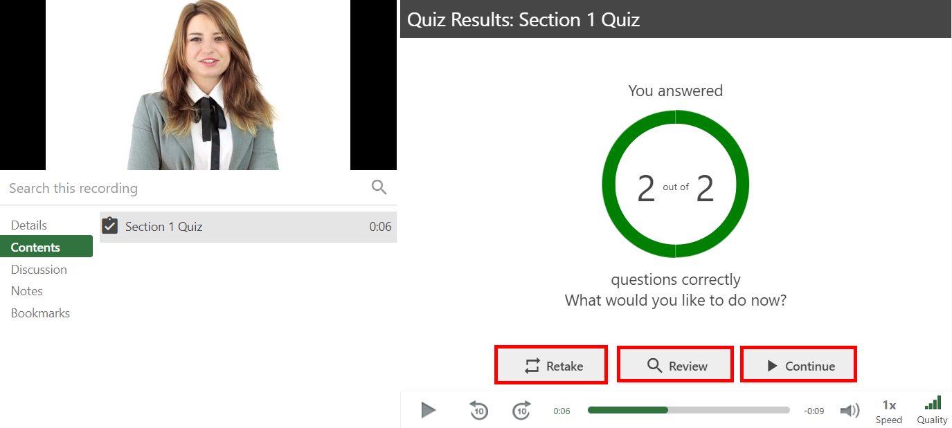 Quiz in the Panopto Viewer. On it, the user's results appear as well as three buttons: Retake, Review, and Continue. The buttons