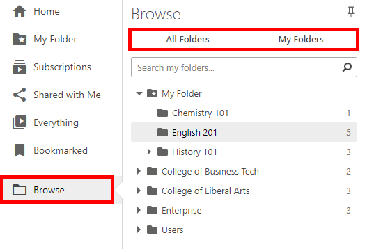 Browse menu, expanded in Panopto. "Browse," and the options "All Folders | My Folders" are highlighted by red boxes.