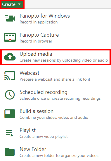 Create menu, expanded. On it, "Upload media" is highlighted by a red box.