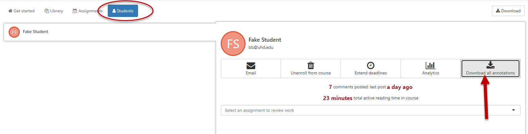 Download all annotations on the Students tab
