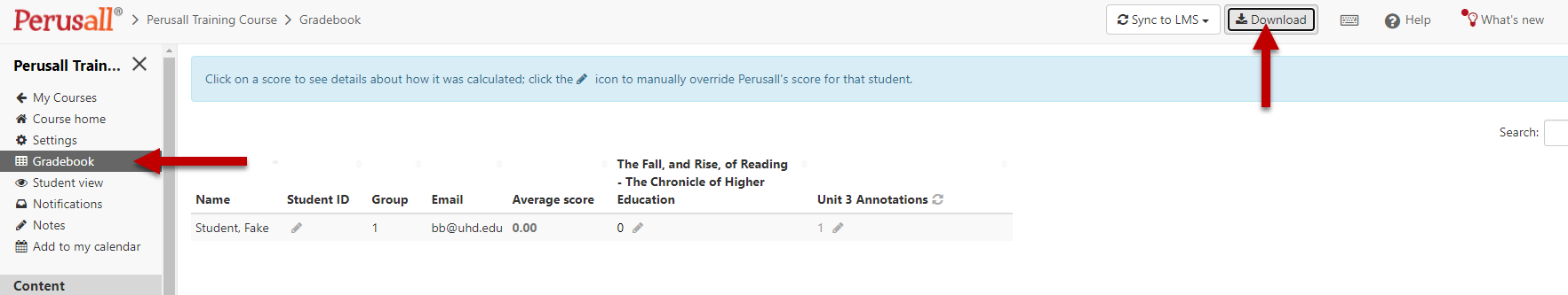 Download grades from the Perusall Gradebook