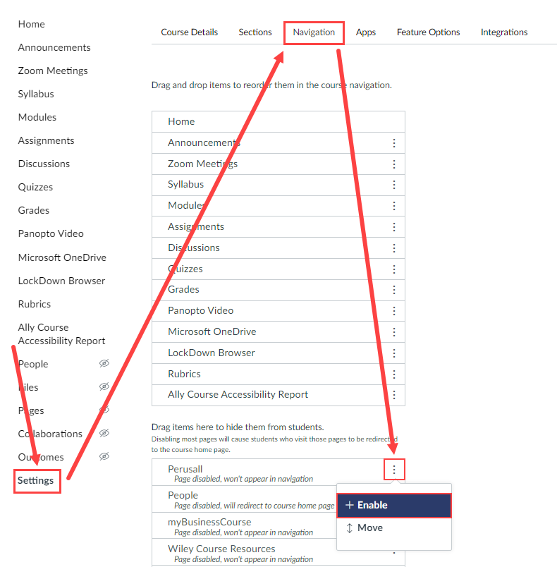 Enabling the Perusall link in the settings.