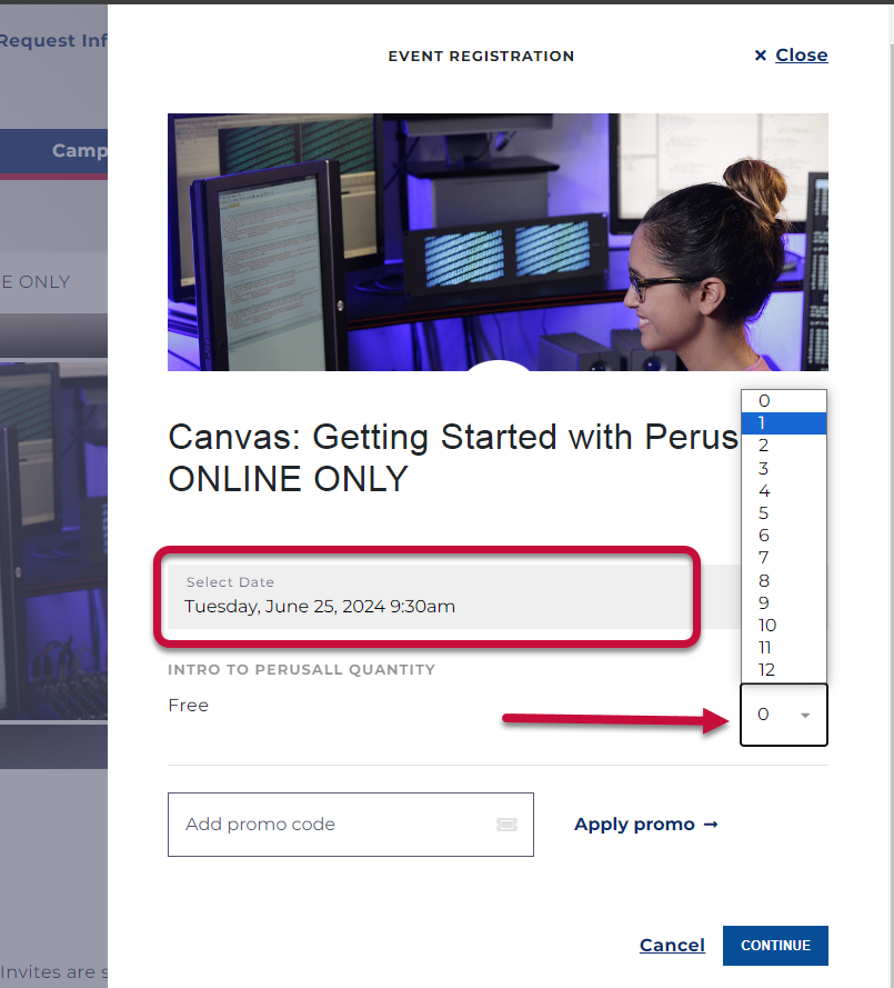 a screenshot of the registration form with emphasis on the ticket selector