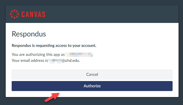 Select Authorize to allow Respondus to add information to Canvas.
