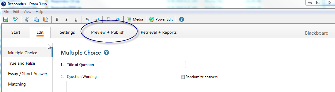 Select preview and publish tab within Respondus Campus Wide.
