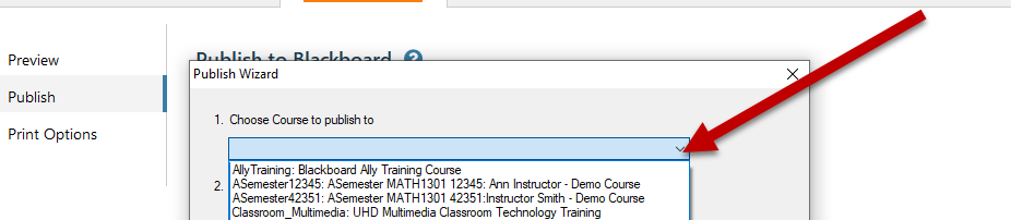 Publishing to Blackboard, choose a course from the dropdown list.