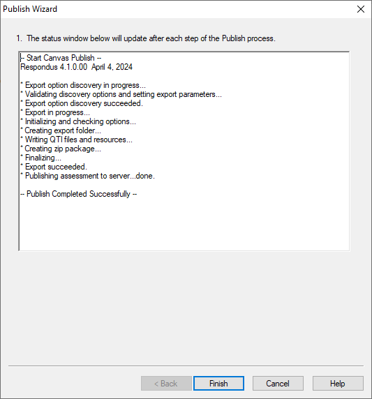 Publish assessment status screen.