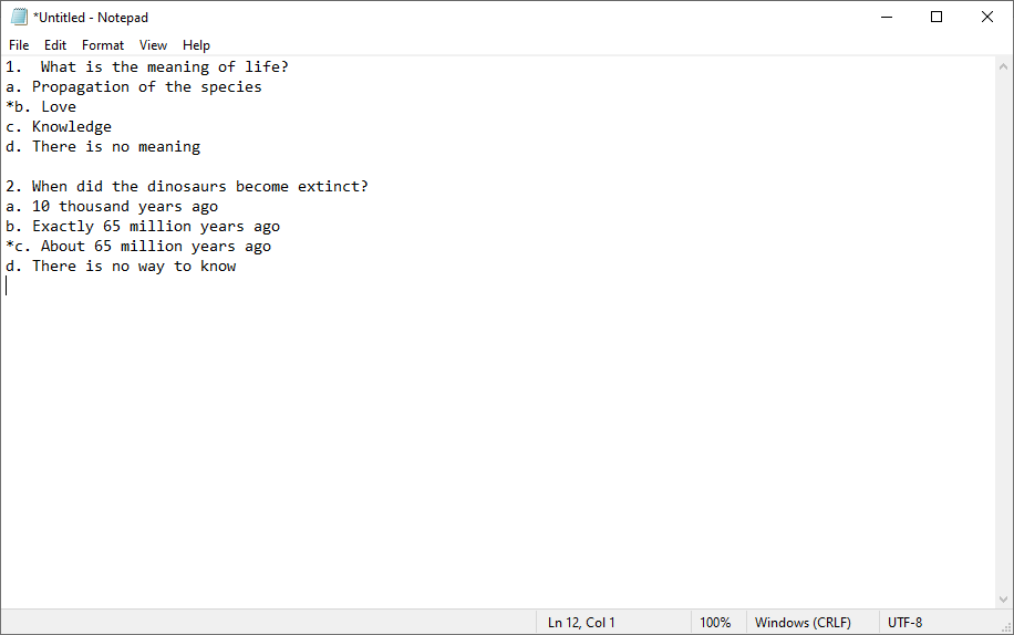 Text file format with questions and answers listed.