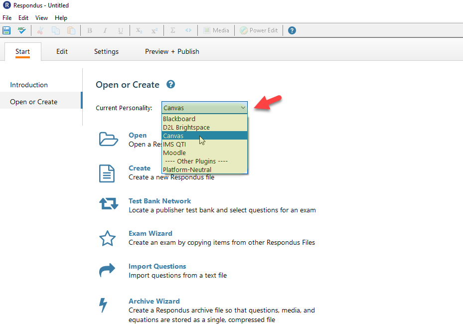 Drop down list for selecting the file format to create a test file.