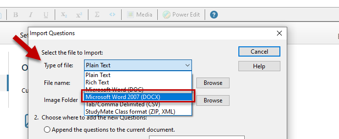 Selecting the type of file you will be importing into Respondus Campus Wide
