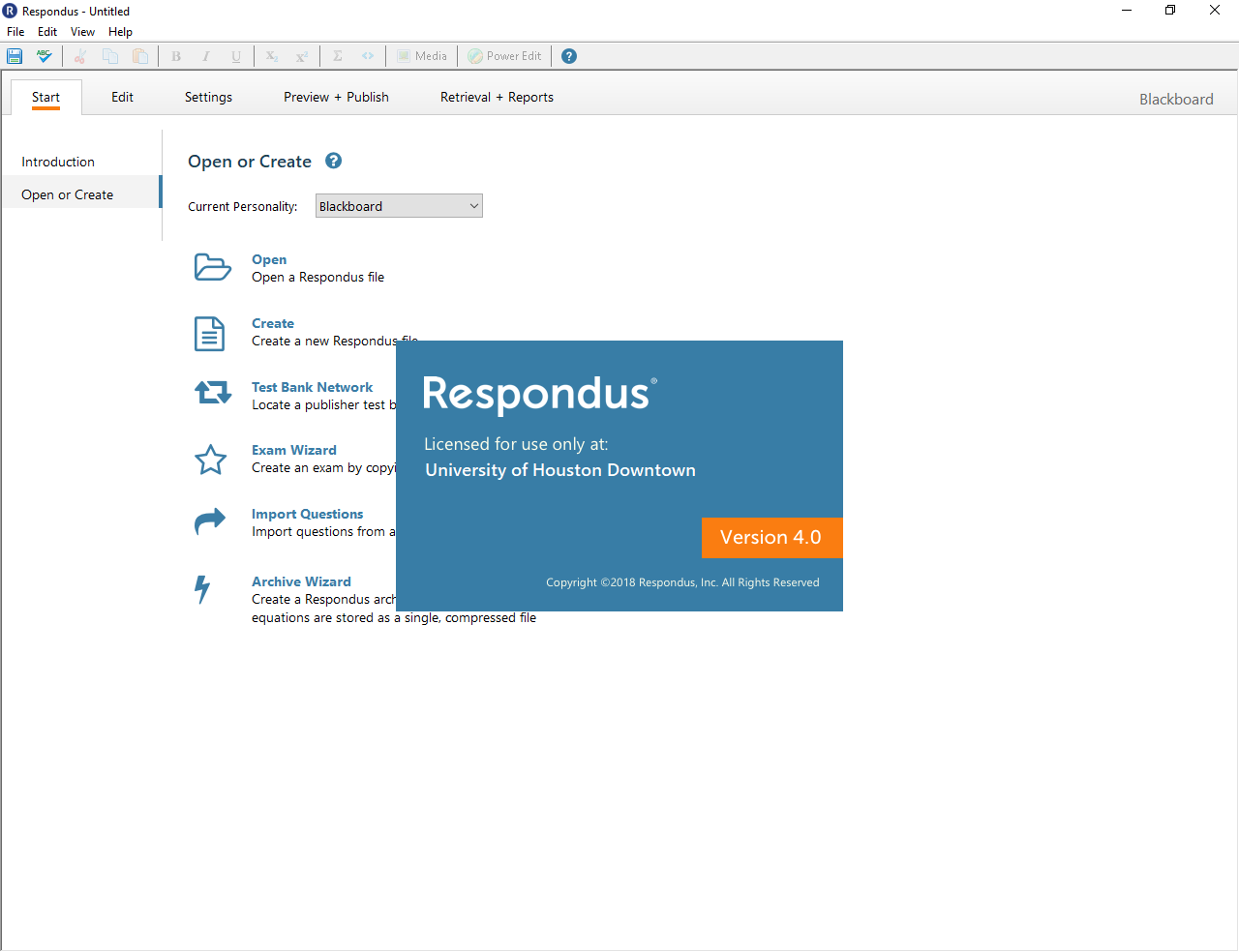 Launching Respondus 4.0 into the entry page.