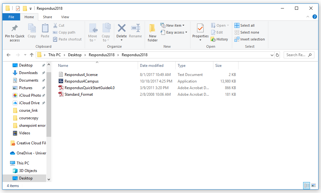 The extracted folder listing the respondus license, executable file, and pdf guides.
