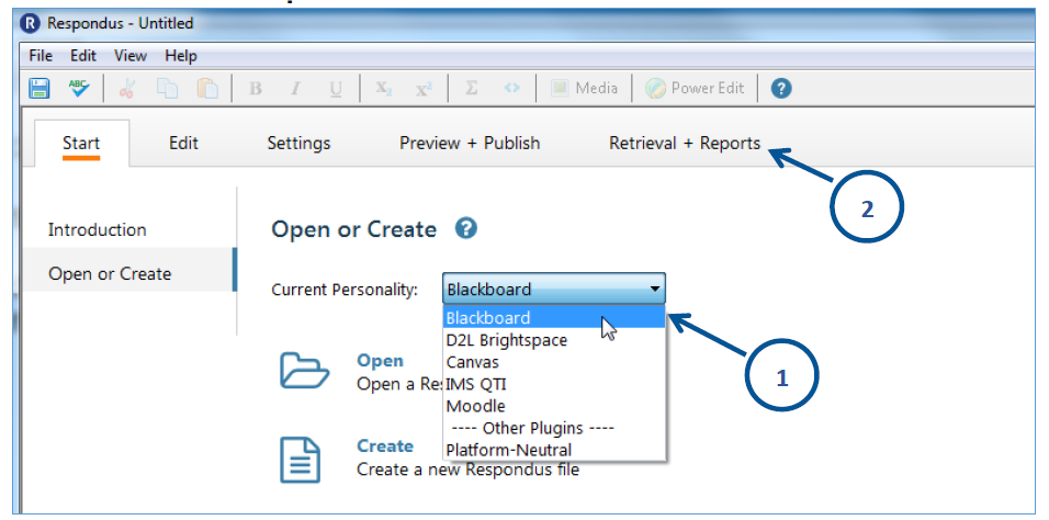 Respondus main tab choose to open or create a document select the save format.