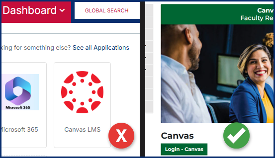 AccessUHD Dashboard Canvas tile with an X mark and Canvas green login button with a checkmark.