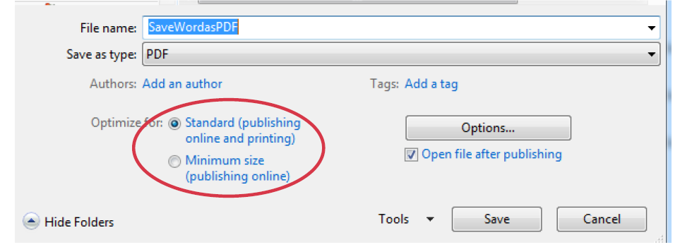 a screenshot of the Save As dialog box with the Optimize For options highlighted