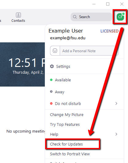 how to access Check for Updates