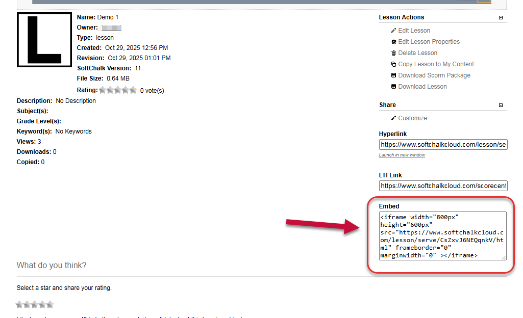 Copy embed code from SoftChalk Cloud