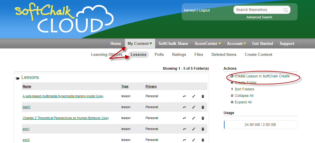 Create Lesson in SoftChalk Create button