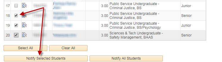 check box to select student and then select notifiy selected students button