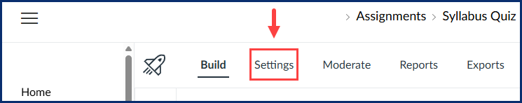 Settings button inside of a new quiz