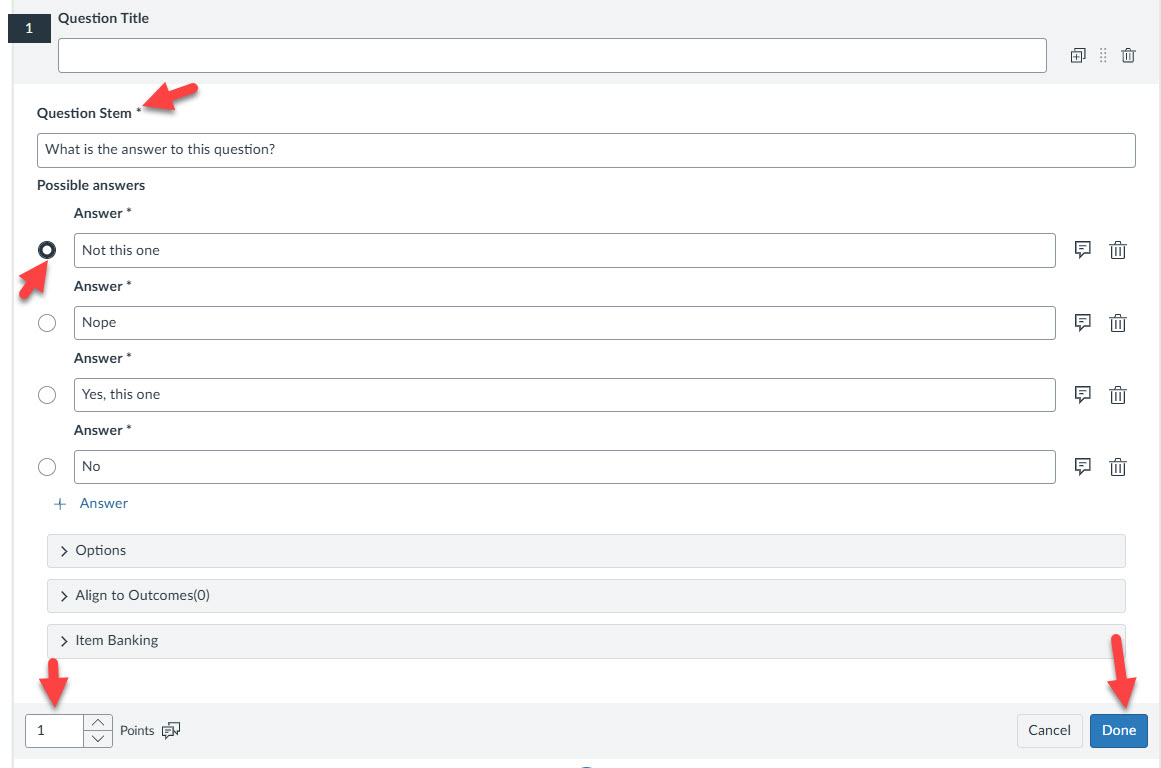 Question add window highlighting question stem, answer choices, point value adjustment and Done button