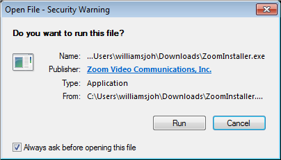 a screenshot of the Open File Security Warning with the Run button