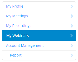 a screenshot of the Zoom account options with My Webinars highlighted