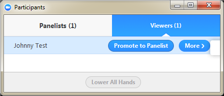 a screenshot of the Viewers tab with the Promote to Panelist option