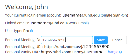 a screenshot of the Zoom contact information for your account with the Personal Meeting ID field