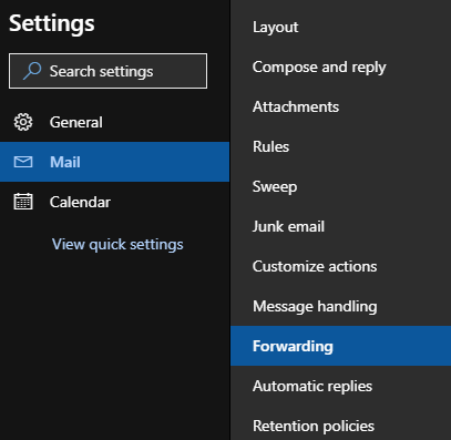 Settings Fowarding Menu screenshot