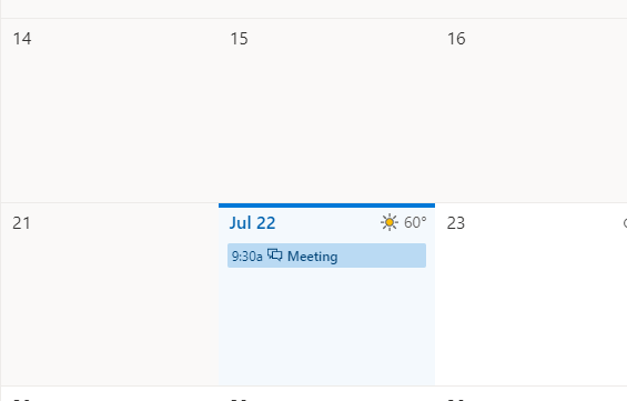 Outlook Calendar monthly event view