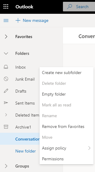 screenshot of Outlook folders