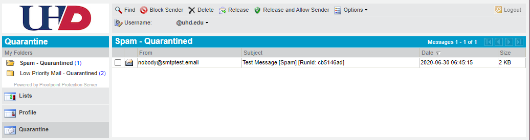 Quarantined Spam Email Screenshot