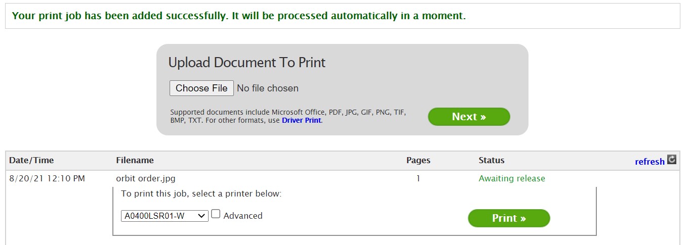 Printer selection screen