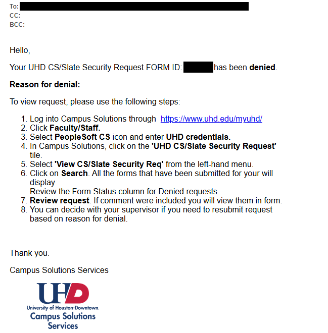 Security Request Denied Notification email screen capture Security Request Denied Notification email screen capture