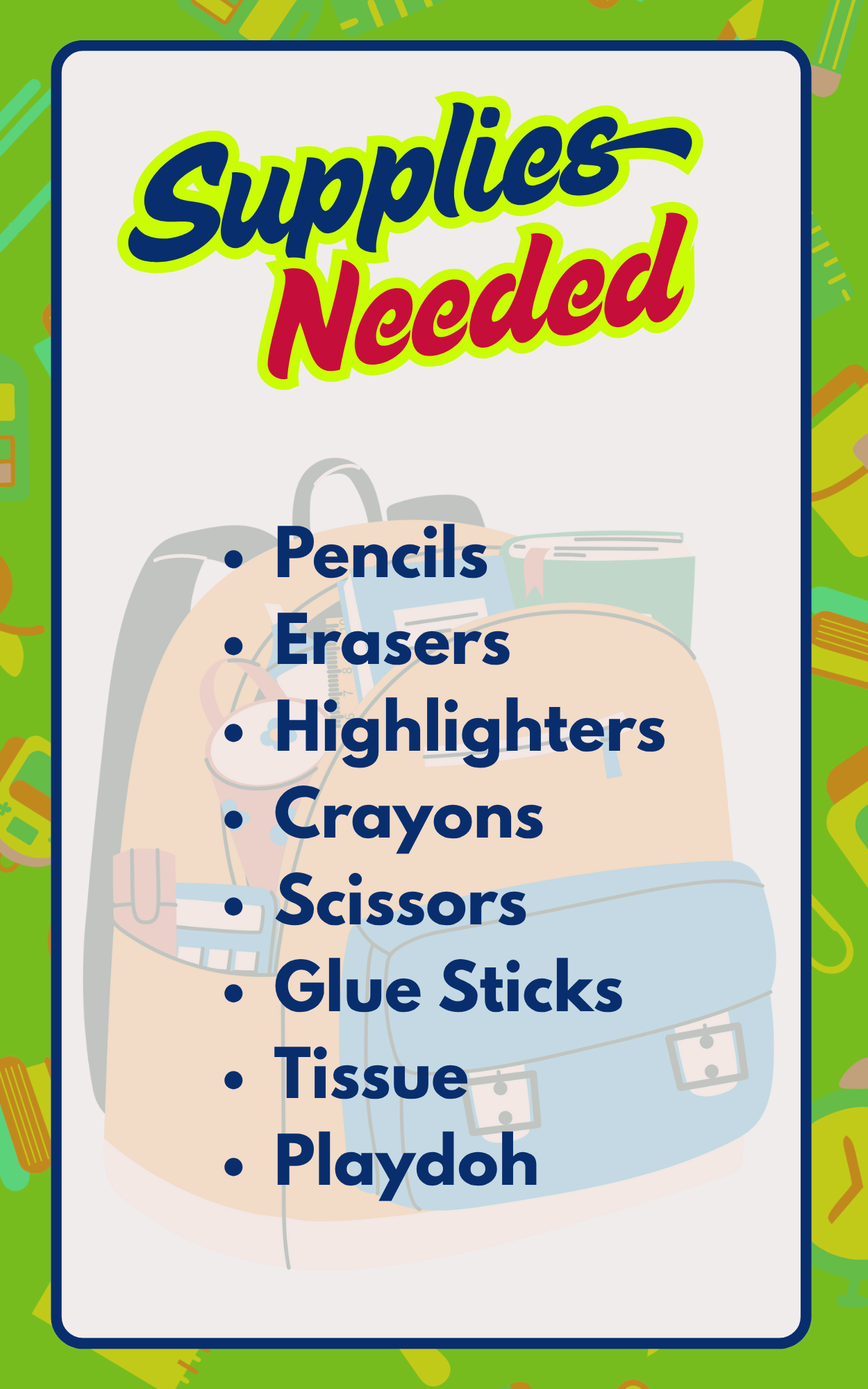 Colorful school supply checklist with a list of items beneath "Supplies Needed."